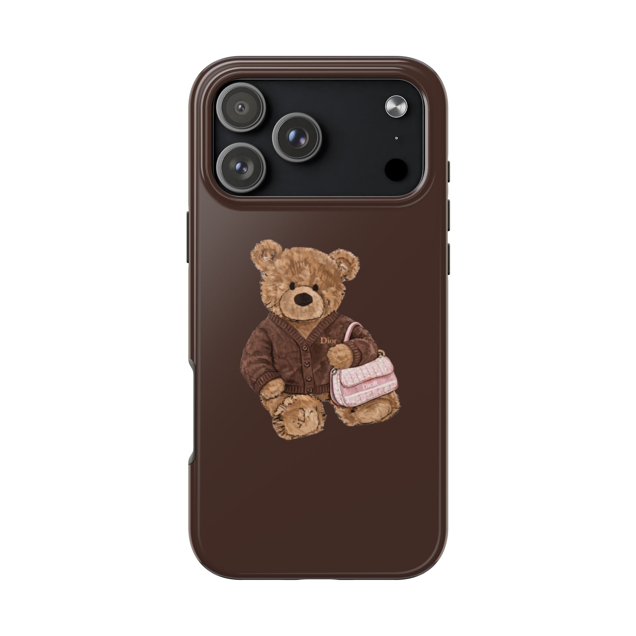 Brown Dior teddy bear phone case with teddy holding pink bag