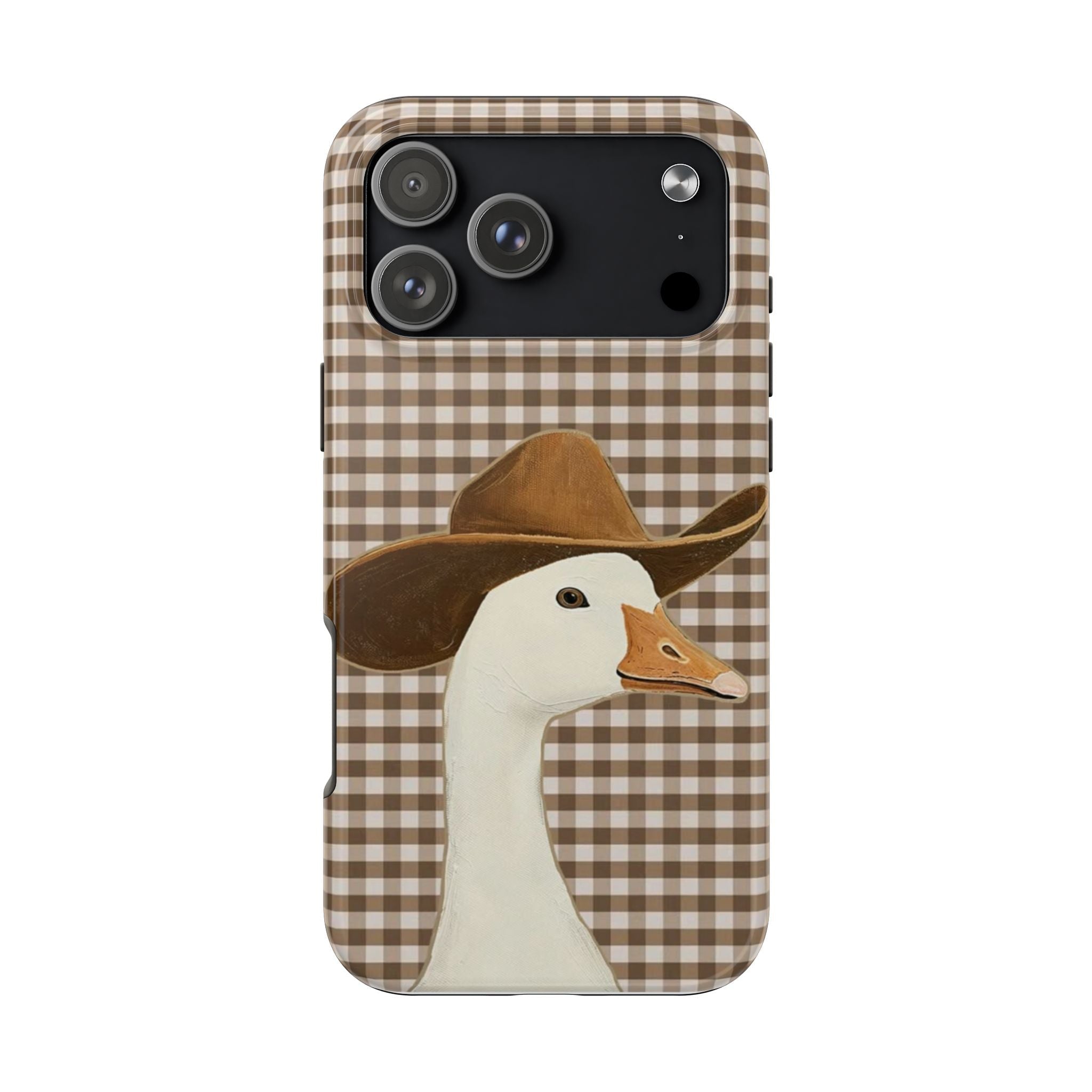 Brown gingham phone case featuring a cowboy duck portrait