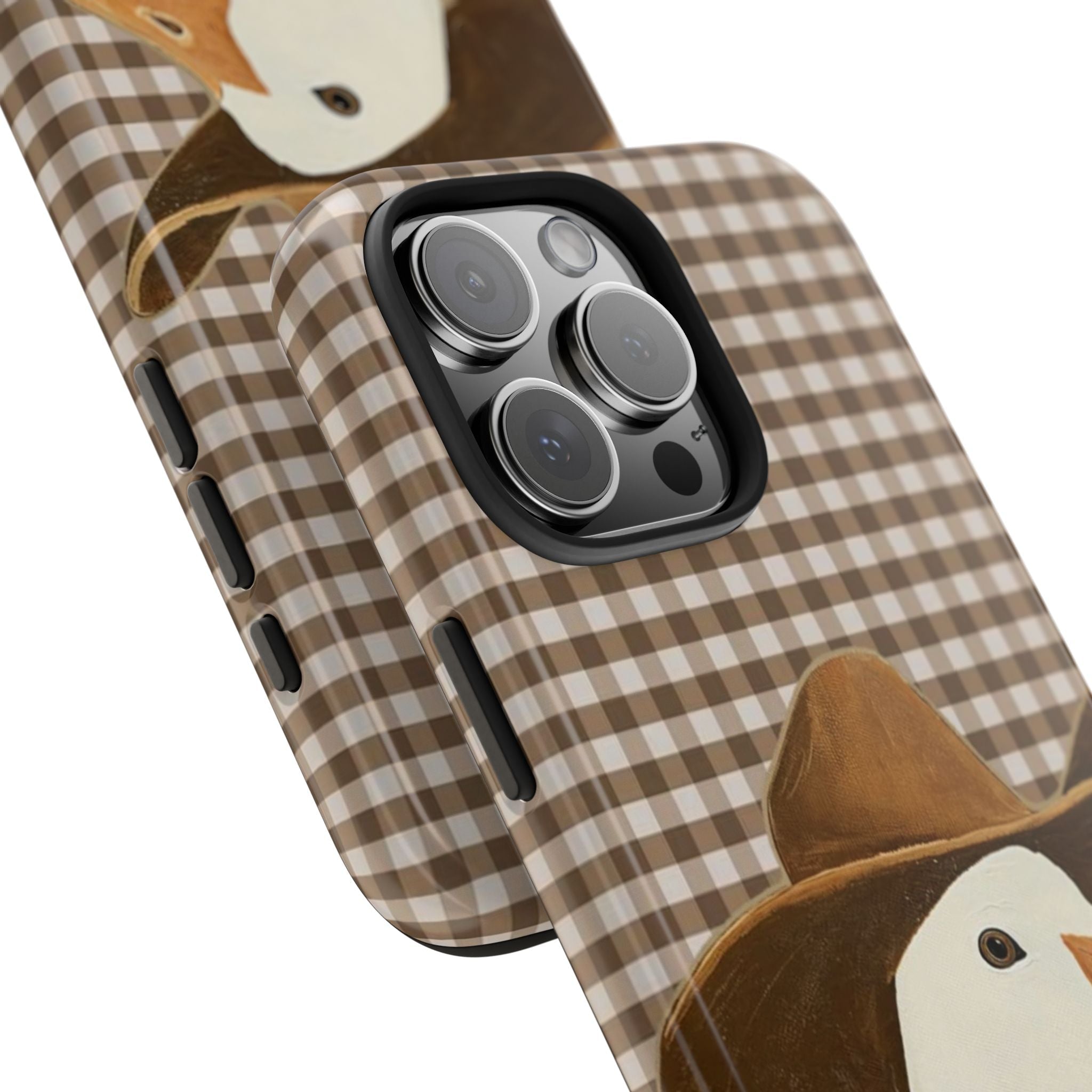 Diagonal view of brown gingham duck phone case with hat and camera cutout