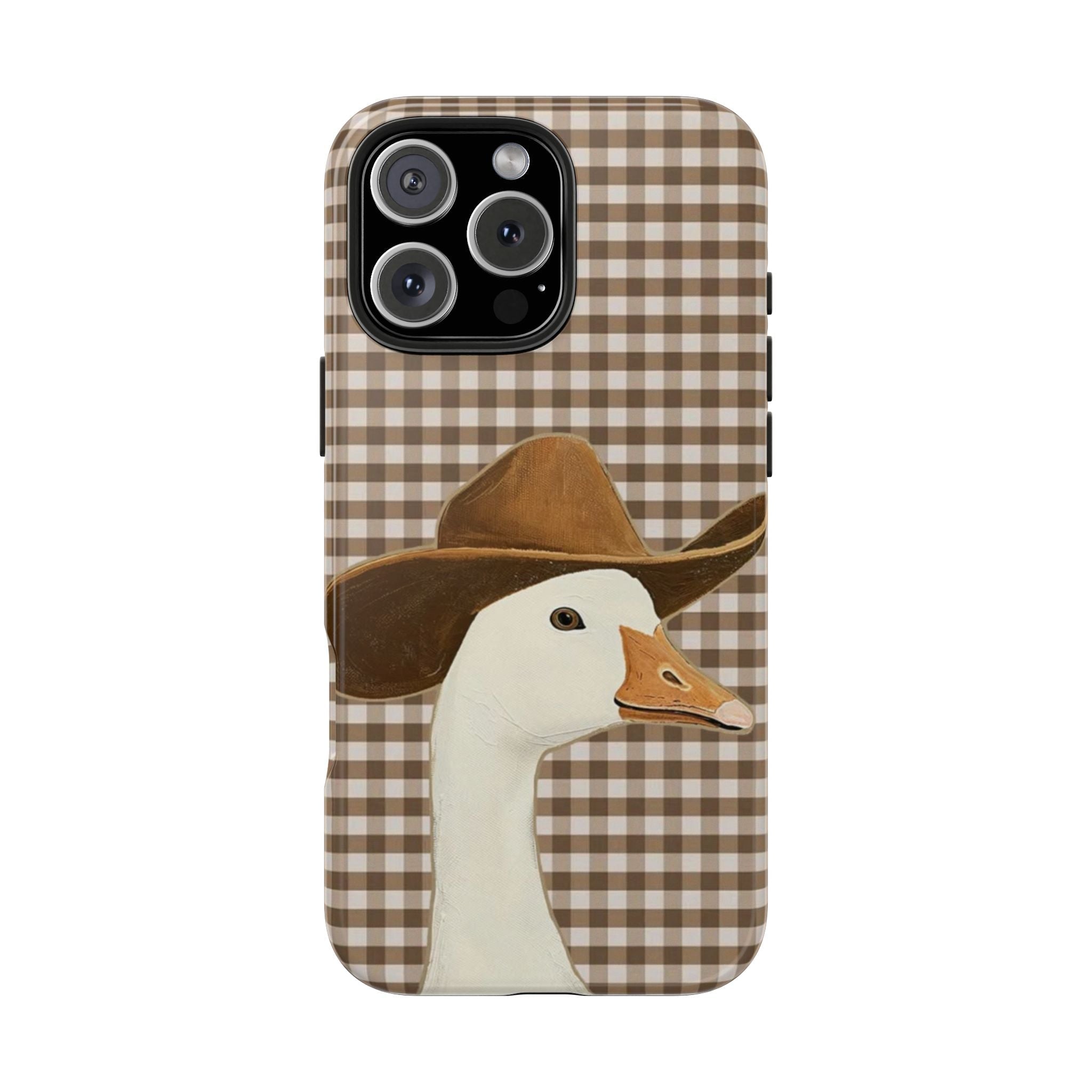 Brown gingham phone case with cowboy duck wearing a tan hat
