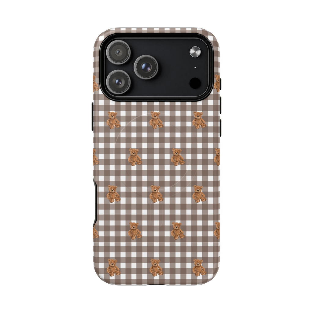 Brown gingham phone case with small teddy bear pattern and camera cutouts