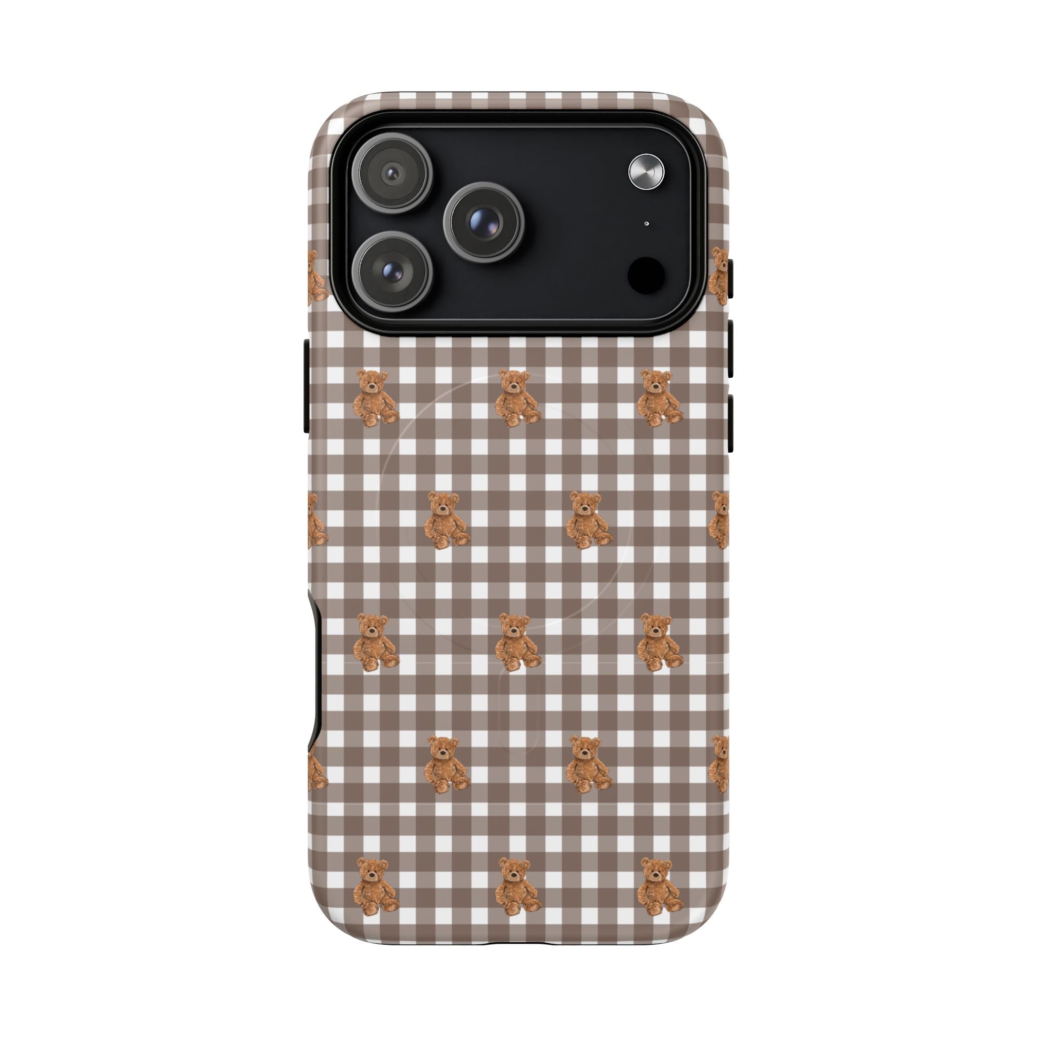 Brown gingham phone case with small teddy bear pattern and camera cutouts