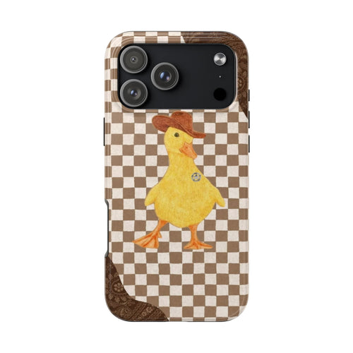 Cowboy duck phone case in brown and white checkered gingham with camera lens openings
