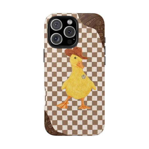 Duck cowboy phone case with brown checkered gingham pattern and side cutouts