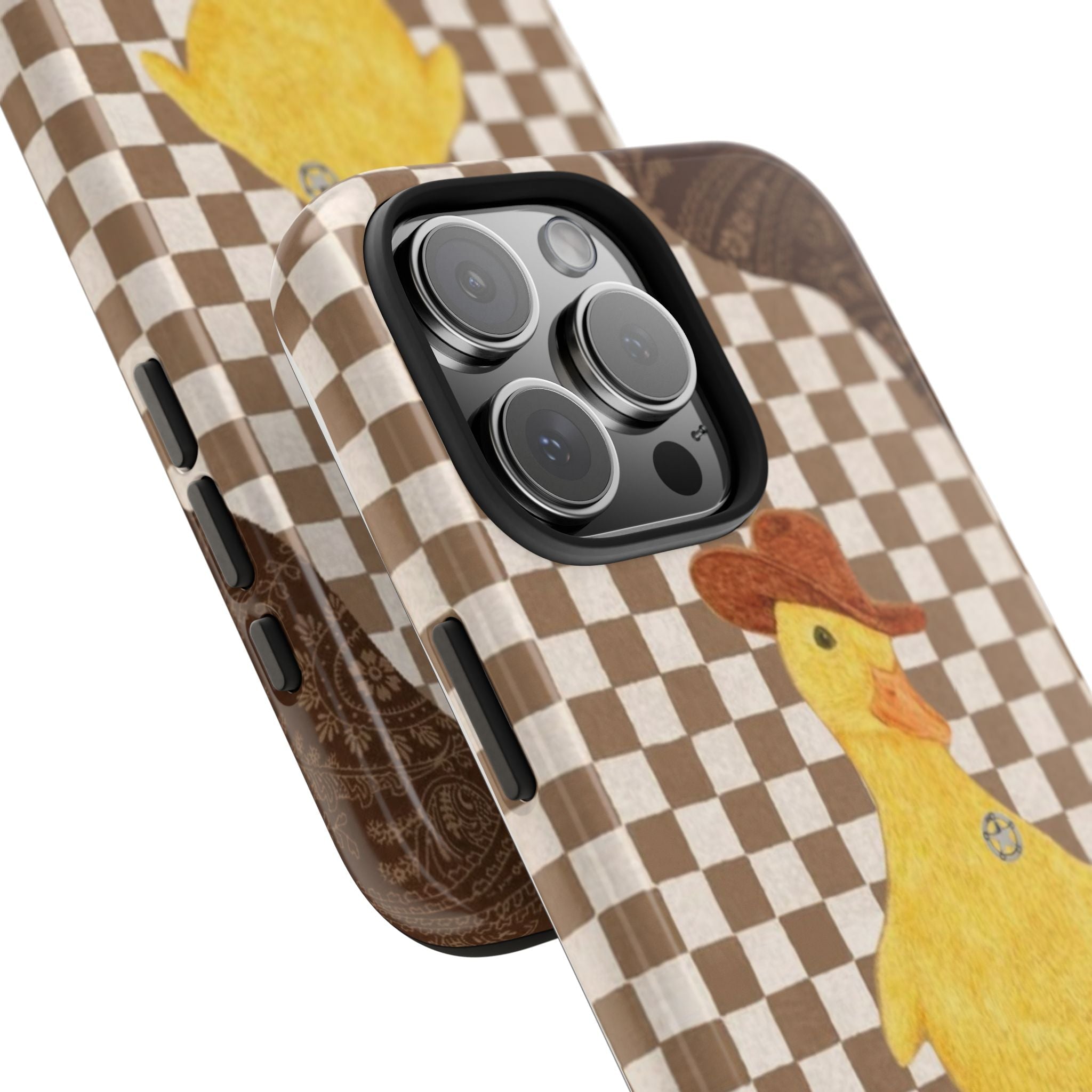 Diagonal view of brown checkered duck cowboy phone case, camera lenses and side buttons