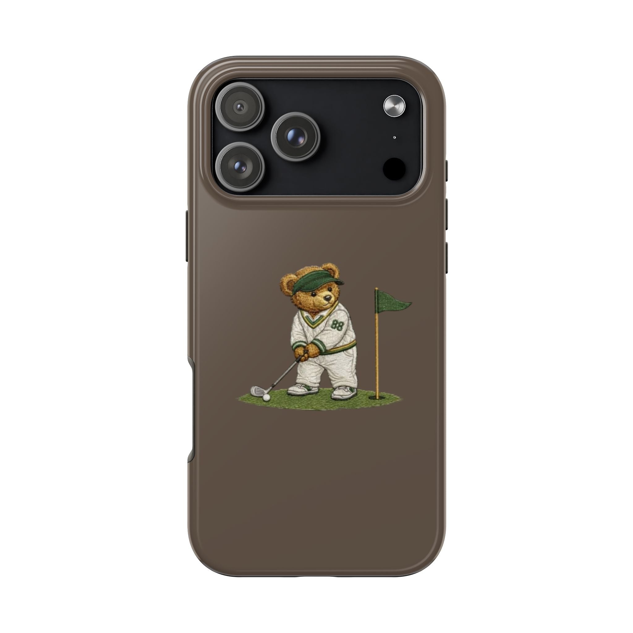 Brown phone case with cartoon bear golfer holding club near green flag