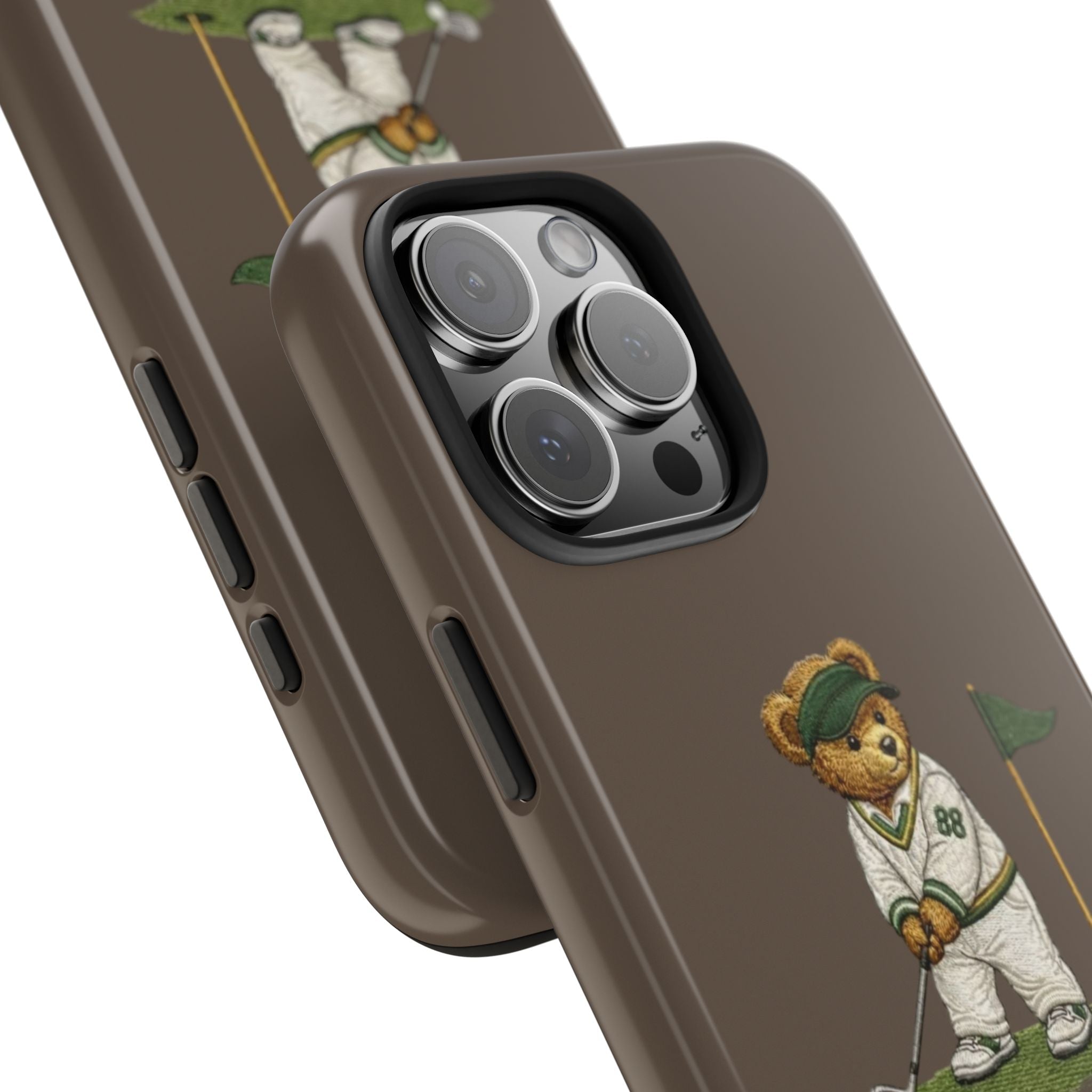 Brown phone case angled view with bear golfer graphic and raised camera protection