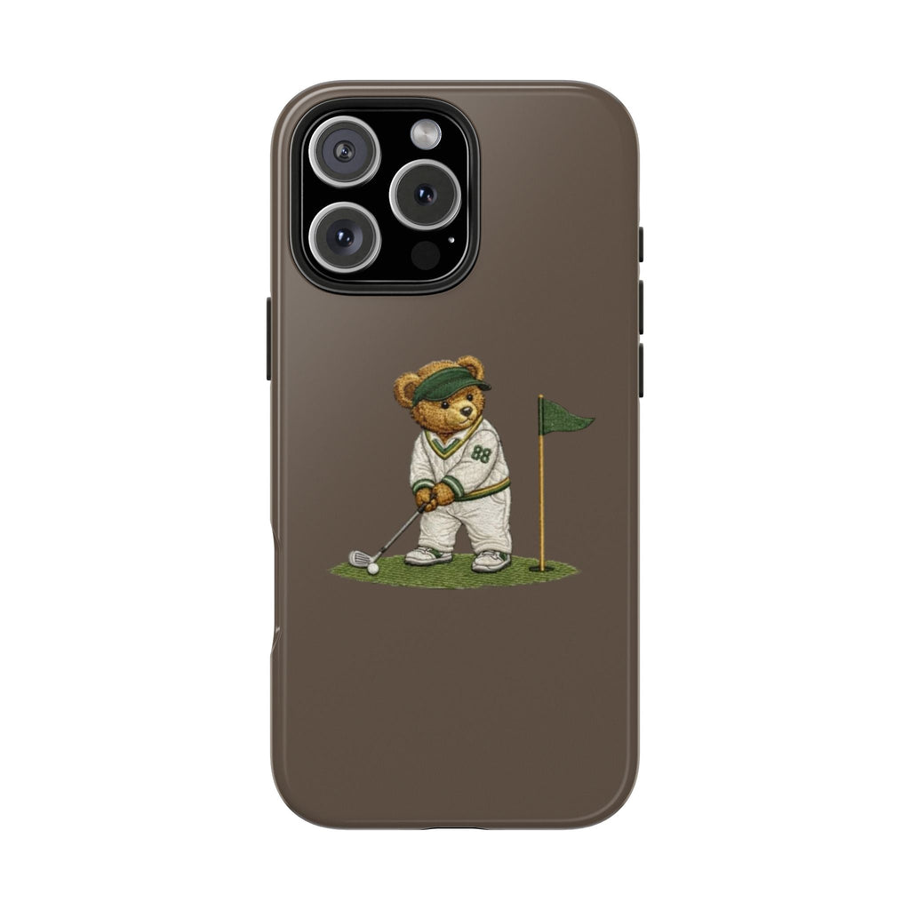 Brown golf-style bear phone case, bear in white outfit with club and flag
