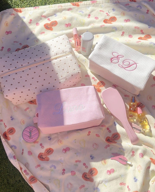 Cream fabric pouches with brown heart print and a pale pink gingham panel set