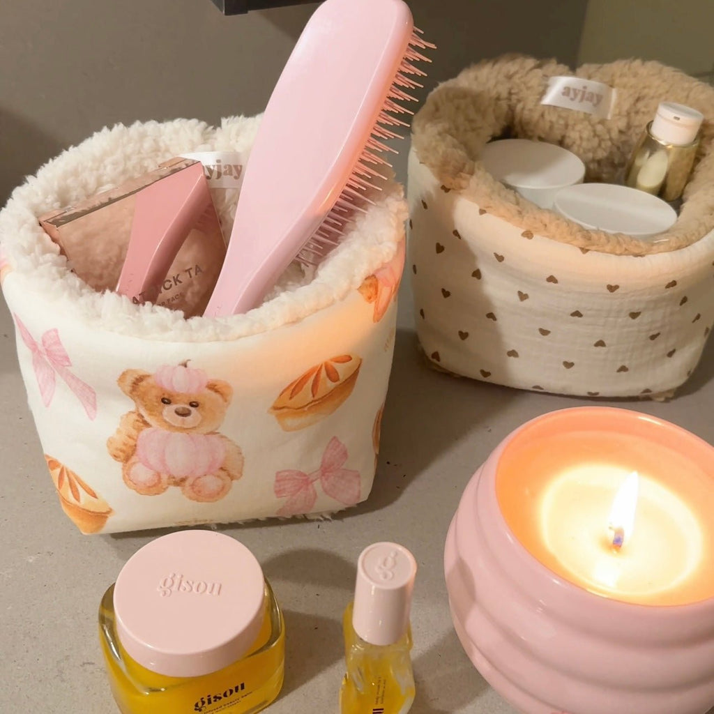 Heart-print fabric organizer with plush lining and wide top opening