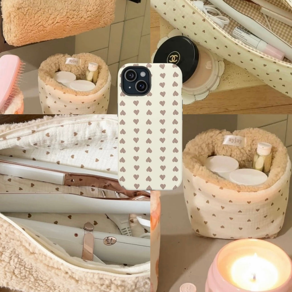 Cream phone case with brown hearts; fitted corners and camera cutout visible