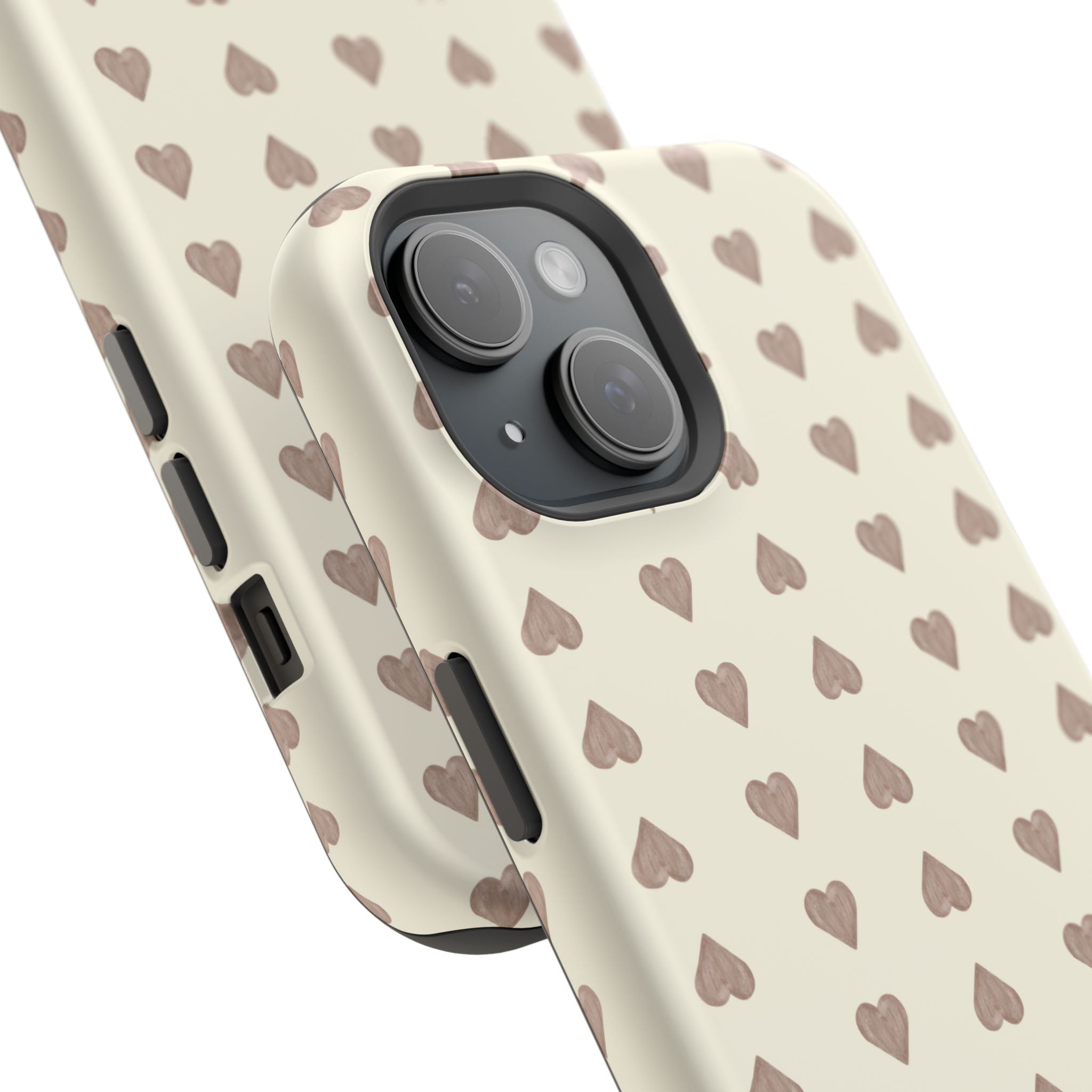 Cream phone case with brown hearts pattern; side buttons and raised camera rings