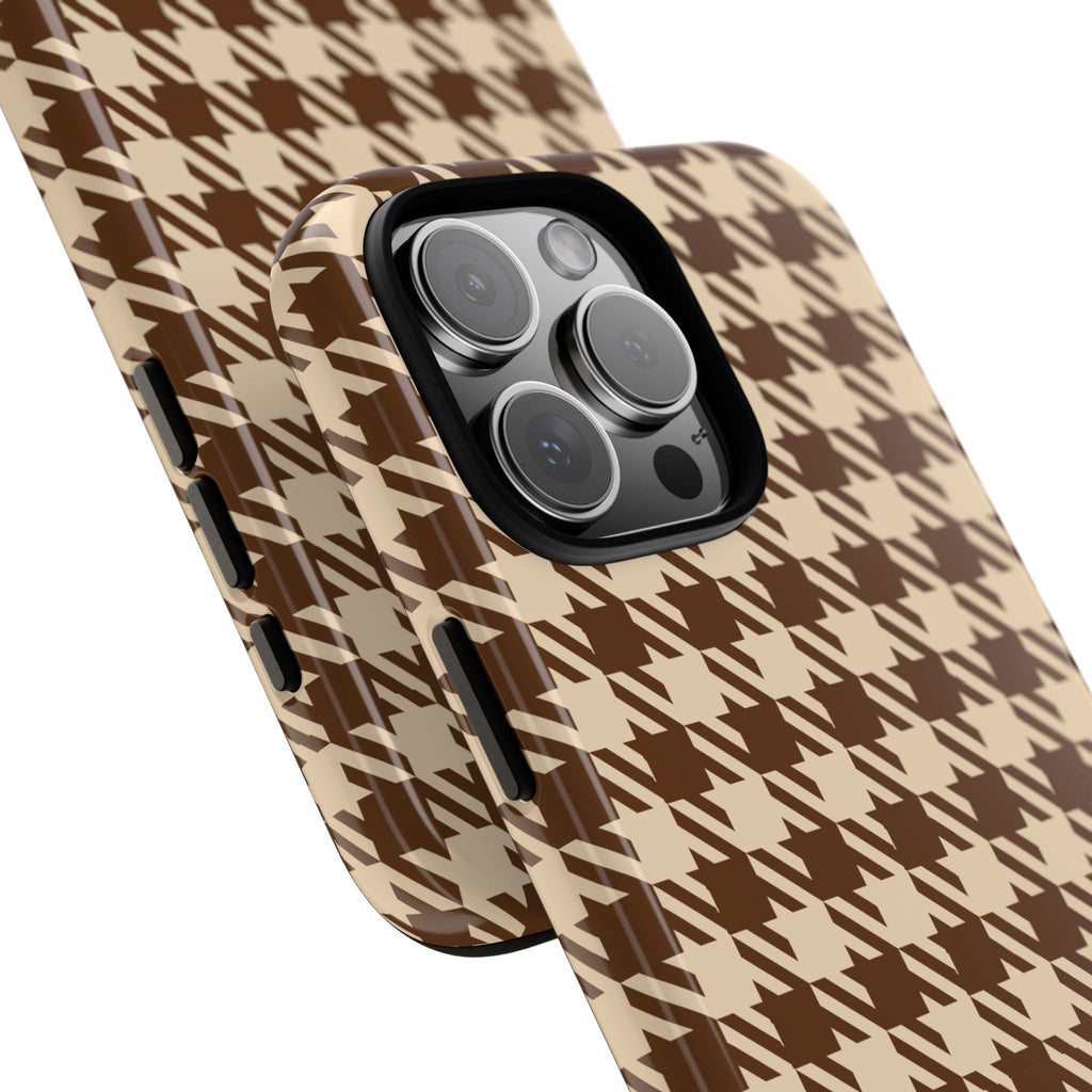 Brown houndstooth phone case angled, showing raised camera bump and side cutouts