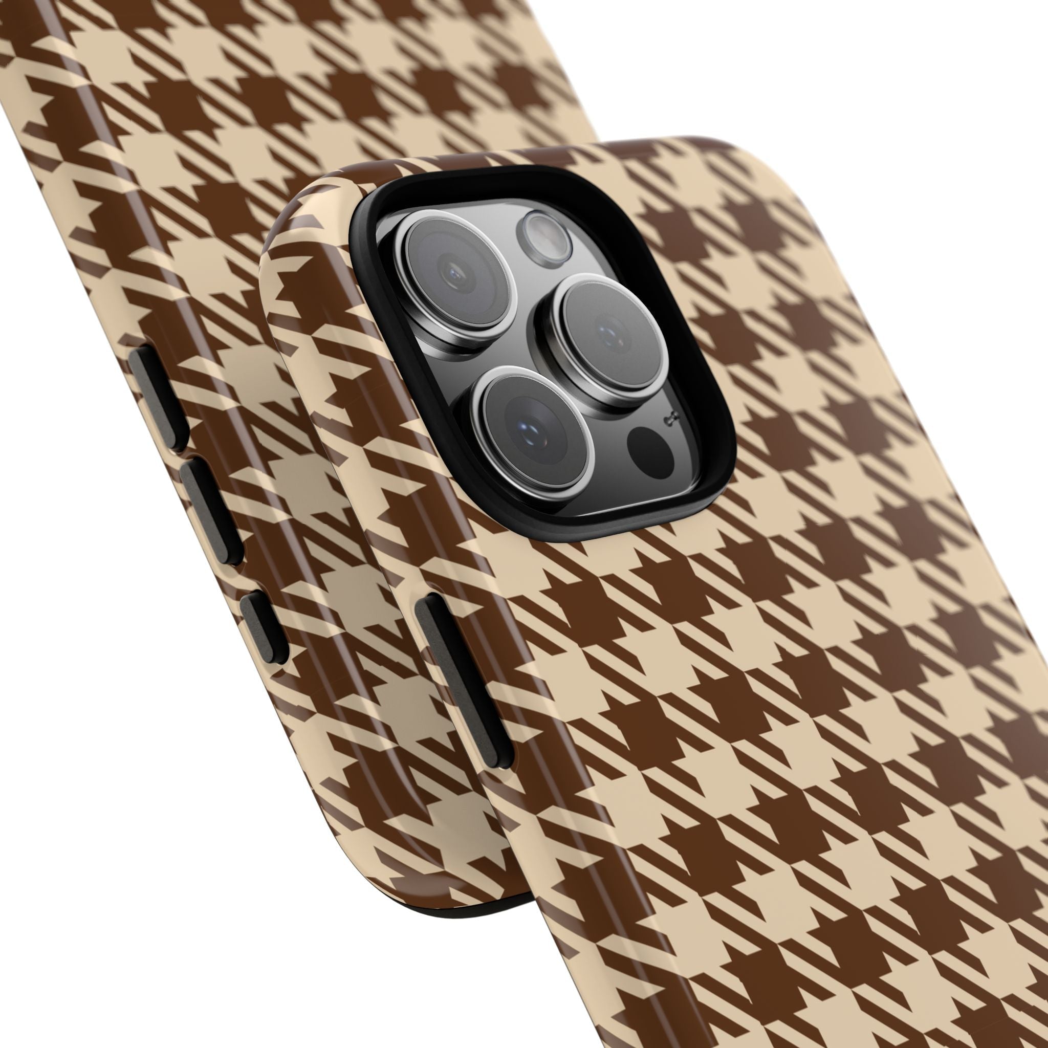 Brown houndstooth phone case angled, showing raised camera bump and side cutouts