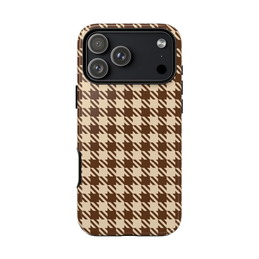 Brown houndstooth phone case back with camera lenses and side buttons