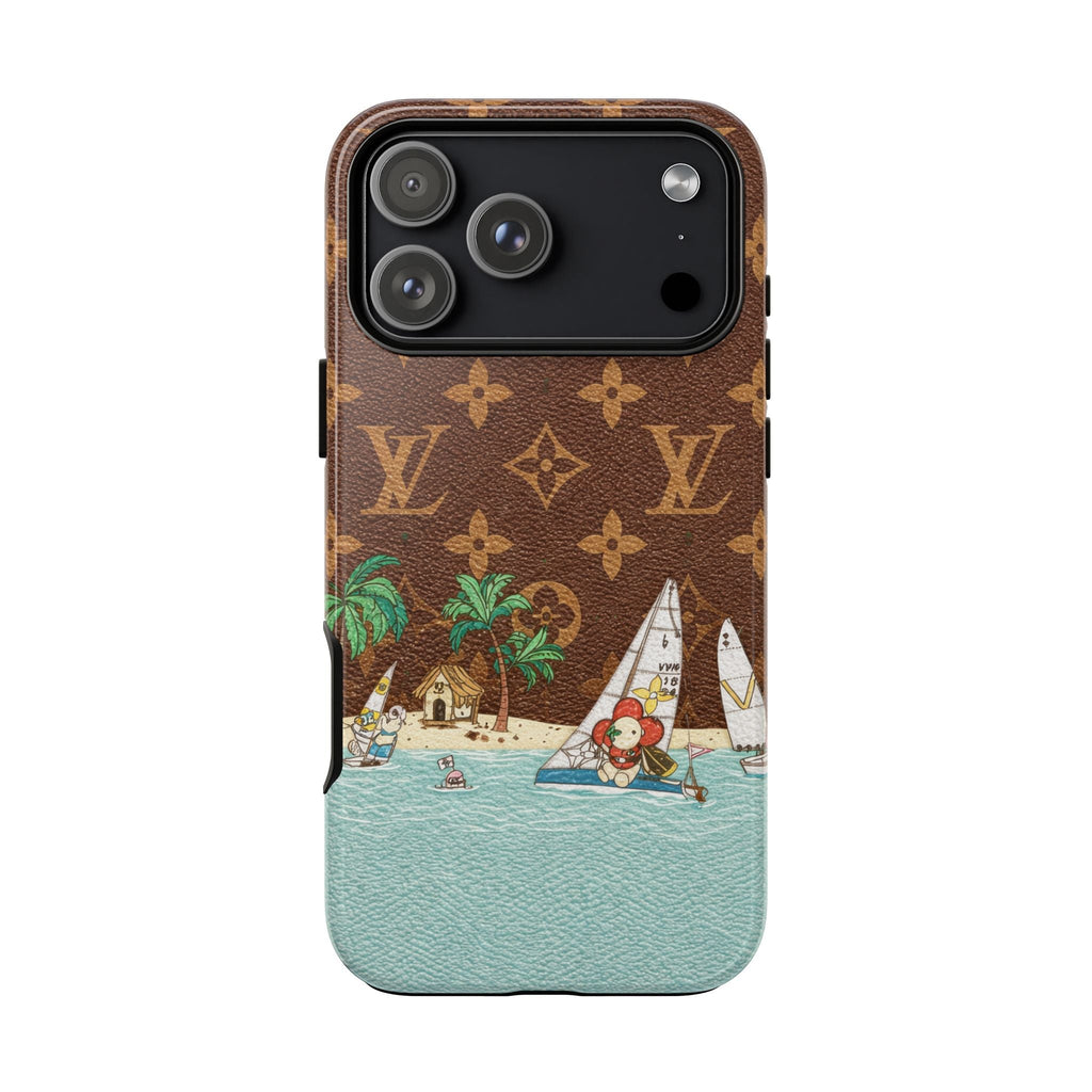 Brown phone case with monogram pattern, light blue bottom, and beach illustration