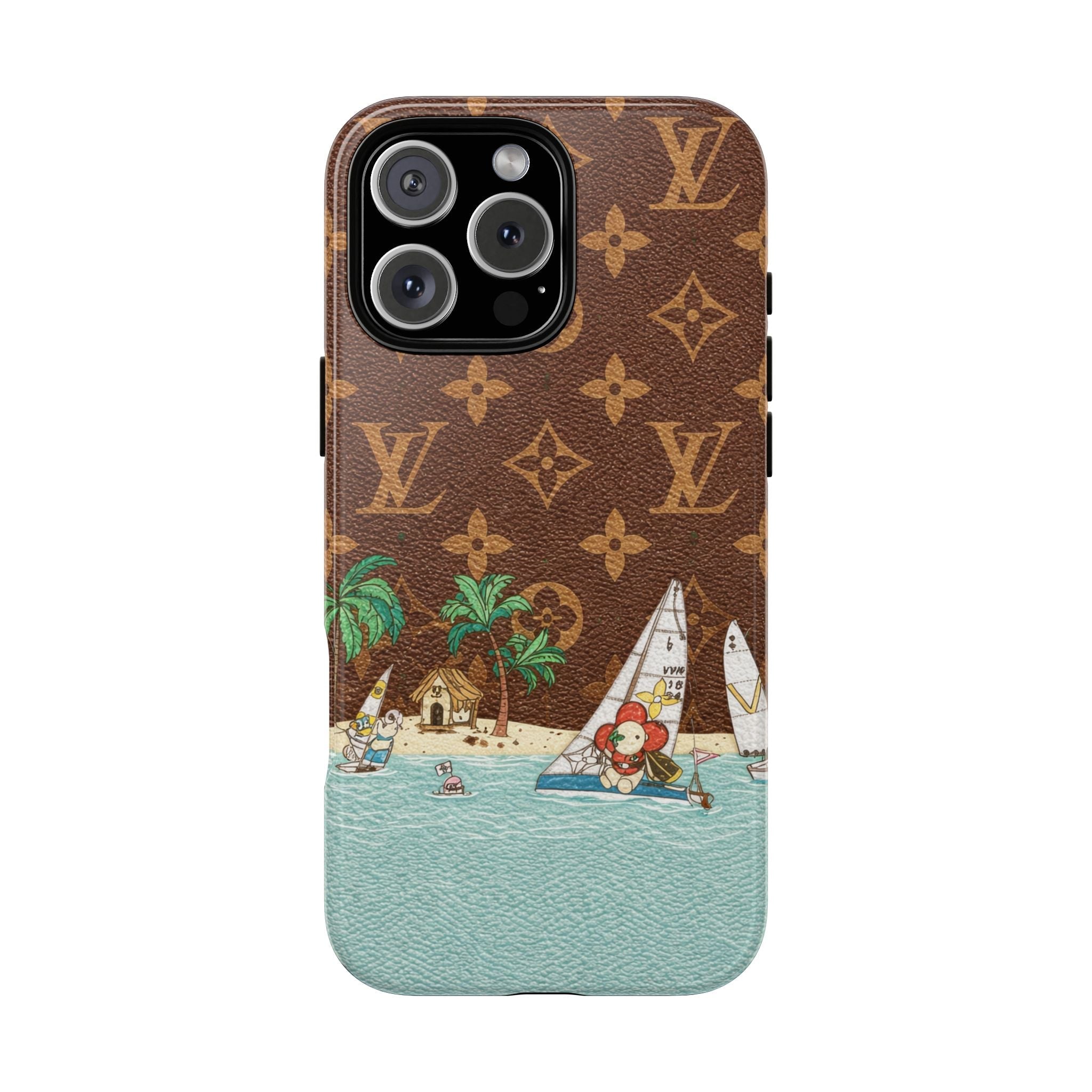 Brown phone case with monogram pattern and light blue lower panel, beach scene artwork