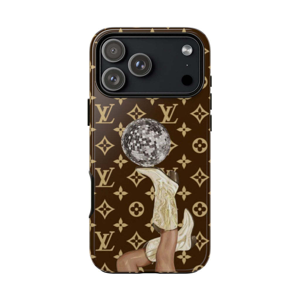 Brown LV country girl disco boots phone case with disco ball and monogram pattern