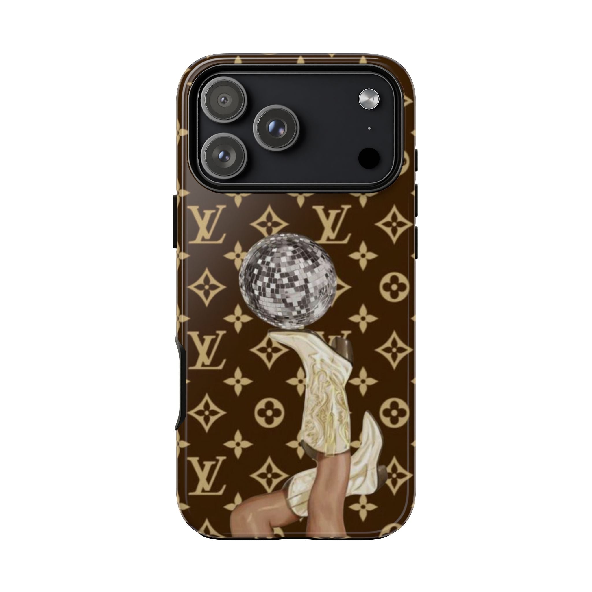 Brown LV country girl disco boots phone case with disco ball and monogram pattern
