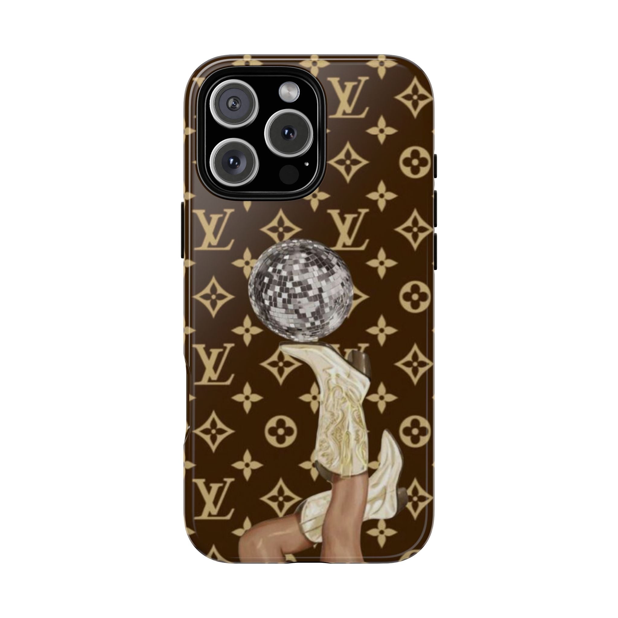 Brown phone case featuring disco ball and LV-style monogram pattern, glossy finish