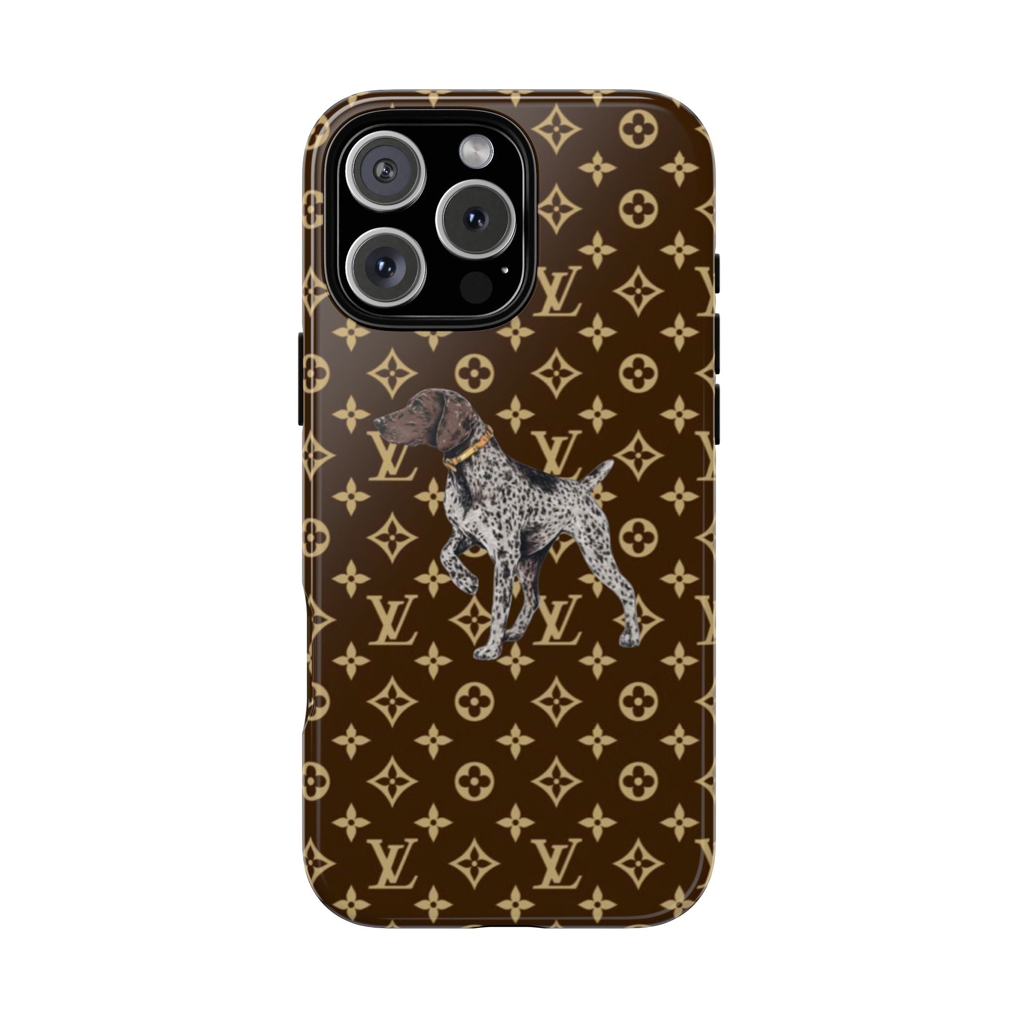 Brown monogram phone case with spotted dog graphic and raised camera cutouts