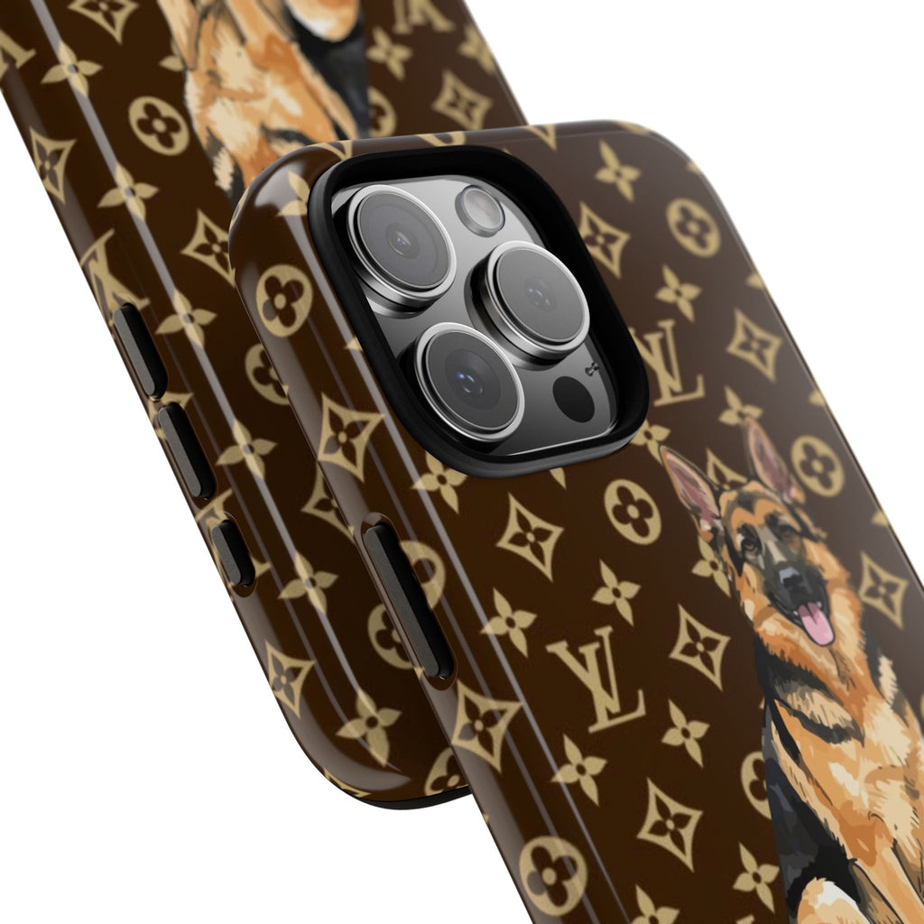 Angled close-up: brown German shepherd dog phone case with gold monogram pattern