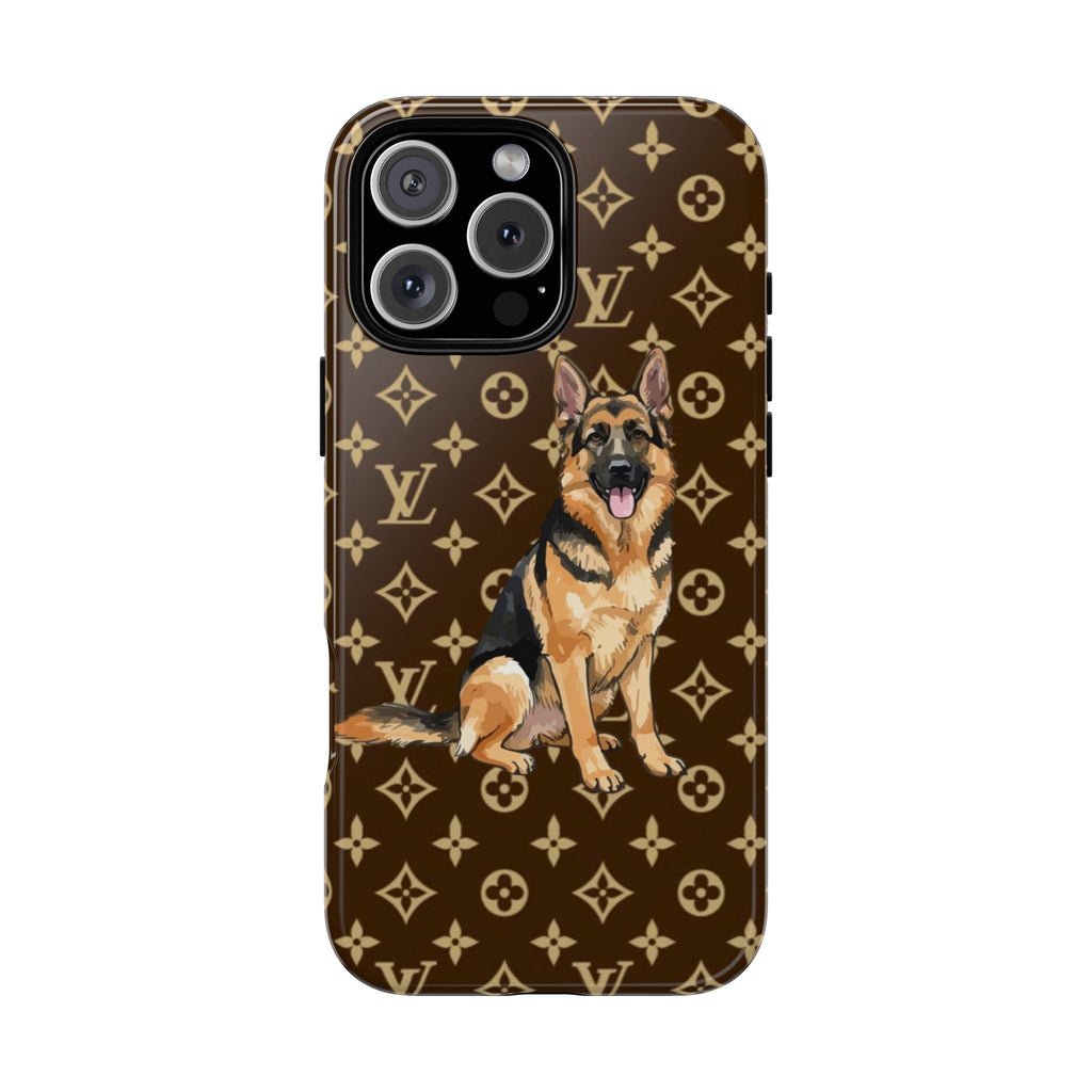 Brown German shepherd dog phone case with gold monogram pattern and camera cutouts