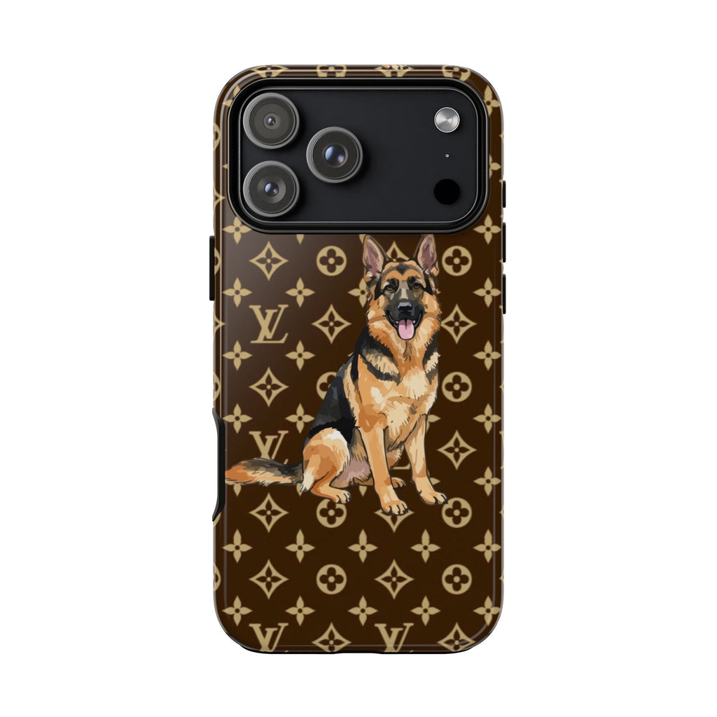 Brown German shepherd dog phone case with gold monogram pattern, rear camera openings