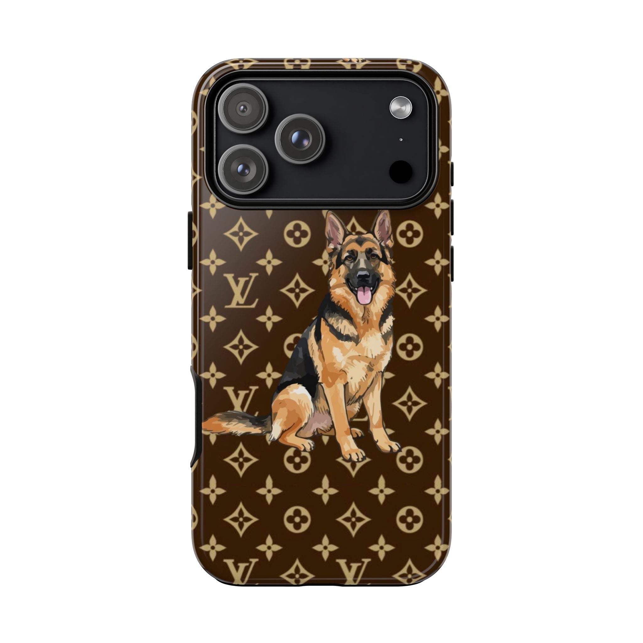 Brown German shepherd dog phone case with gold monogram pattern, rear camera openings