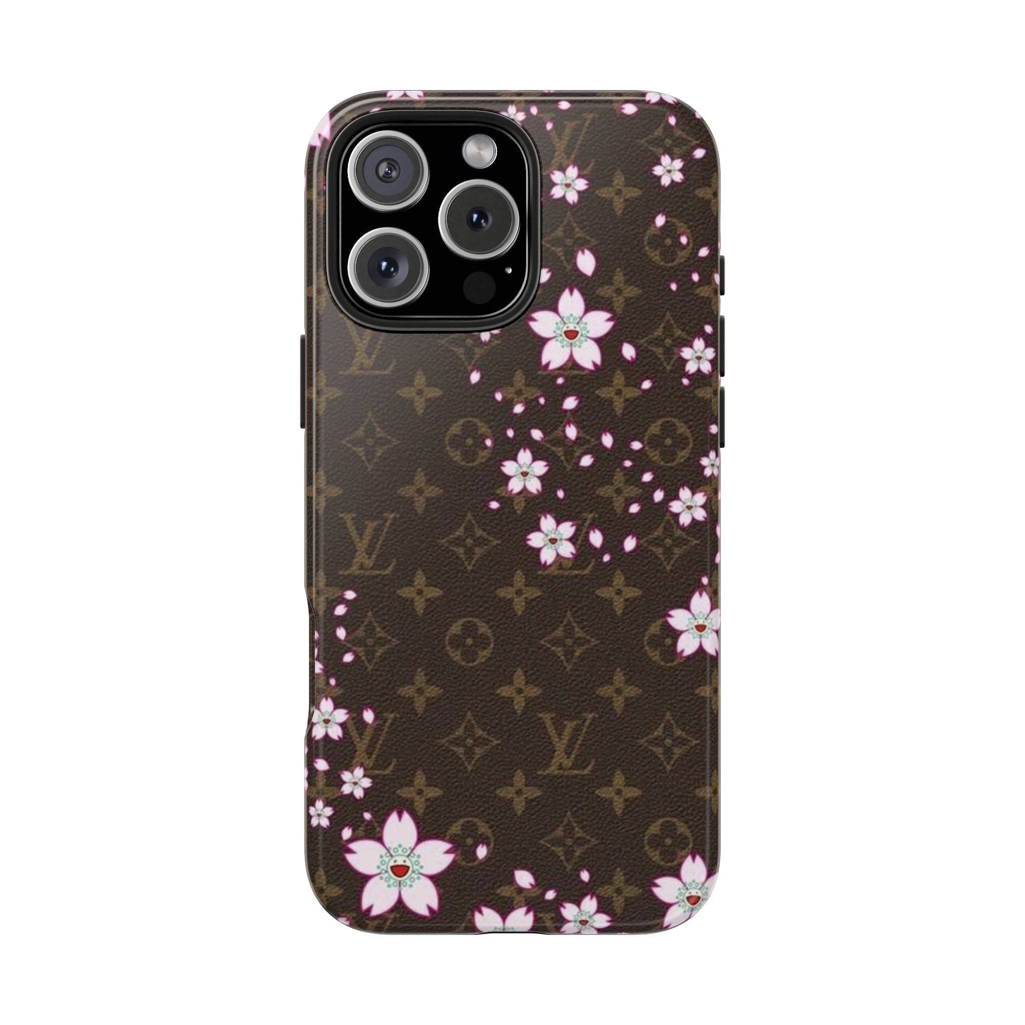 Brown lotus floral phone case with pink cherry-blossom flowers and LV monogram