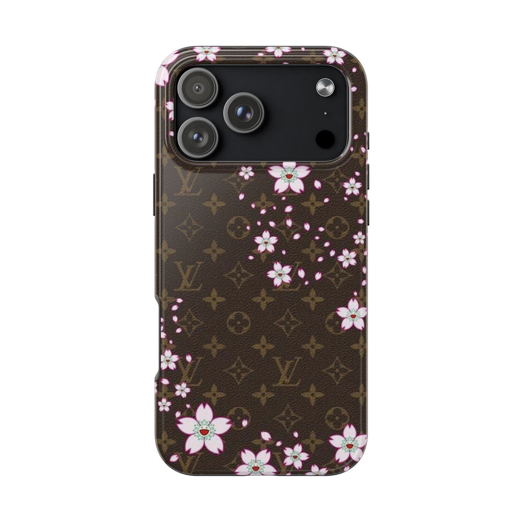 Brown LV-style lotus floral phone case with pink blossoms and monogram pattern
