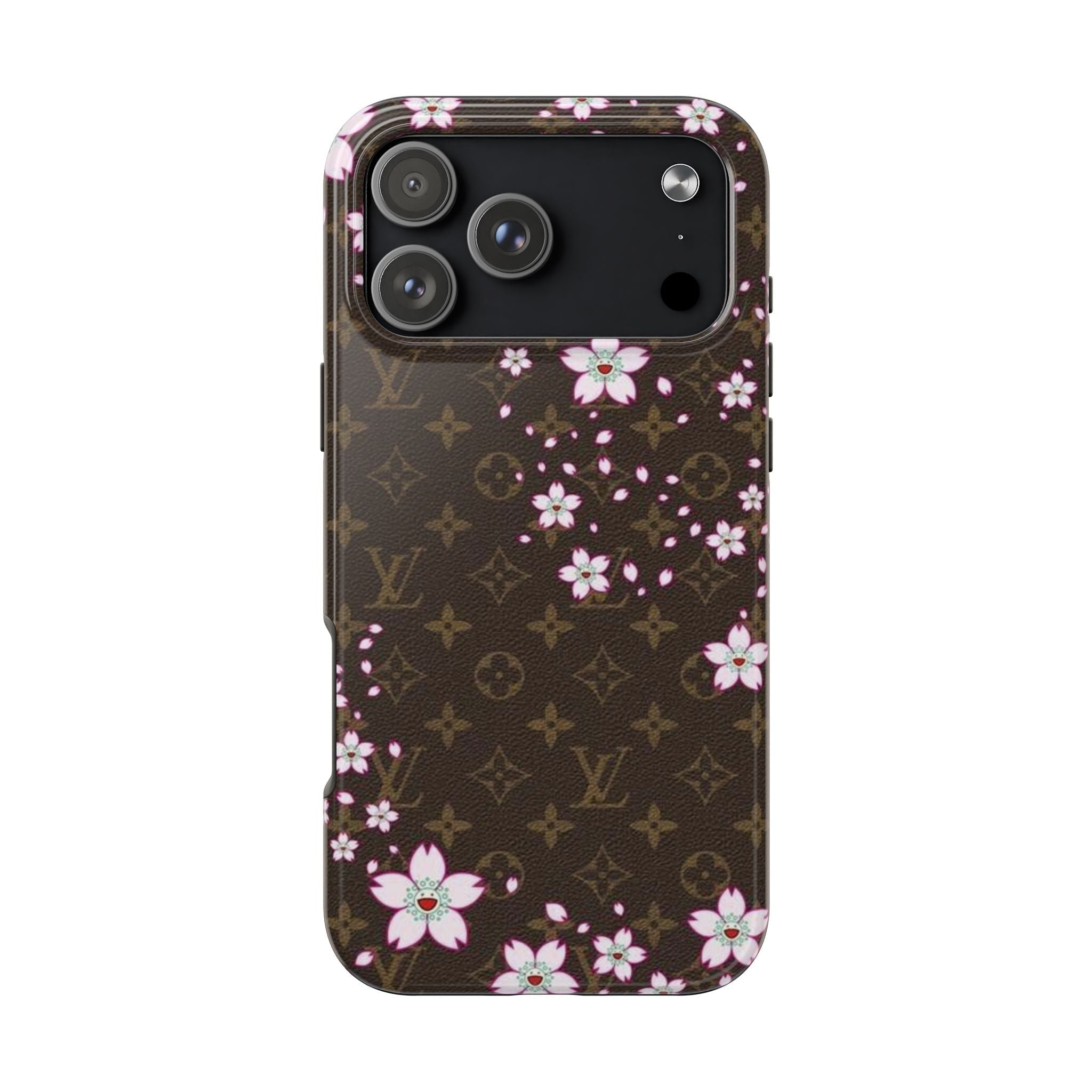 Brown LV-style lotus floral phone case with pink blossoms and monogram pattern