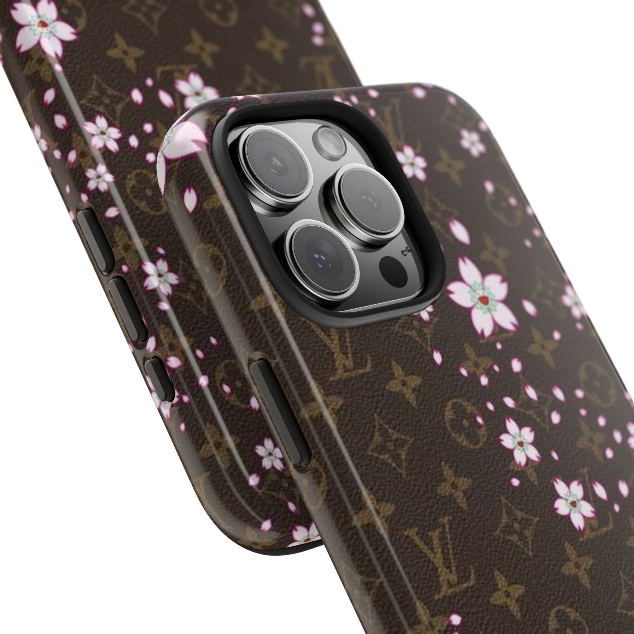 Brown lotus floral phone case, camera cutout with protective edges and side button openings