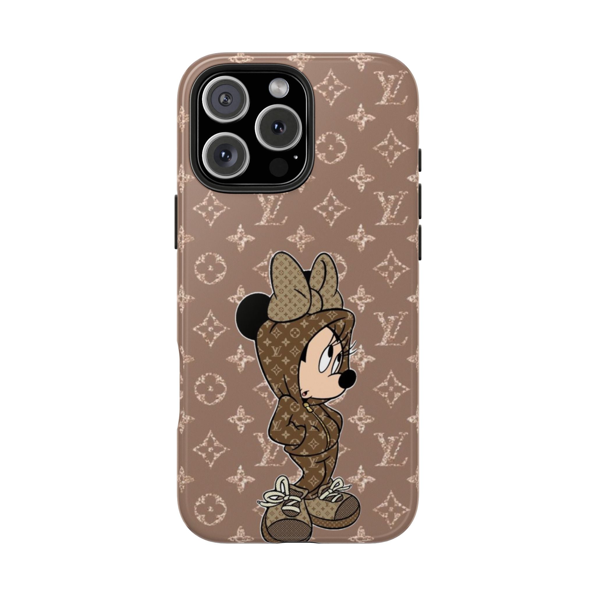 Brown LV Mickey phone case with allover monogram print and Mickey figure
