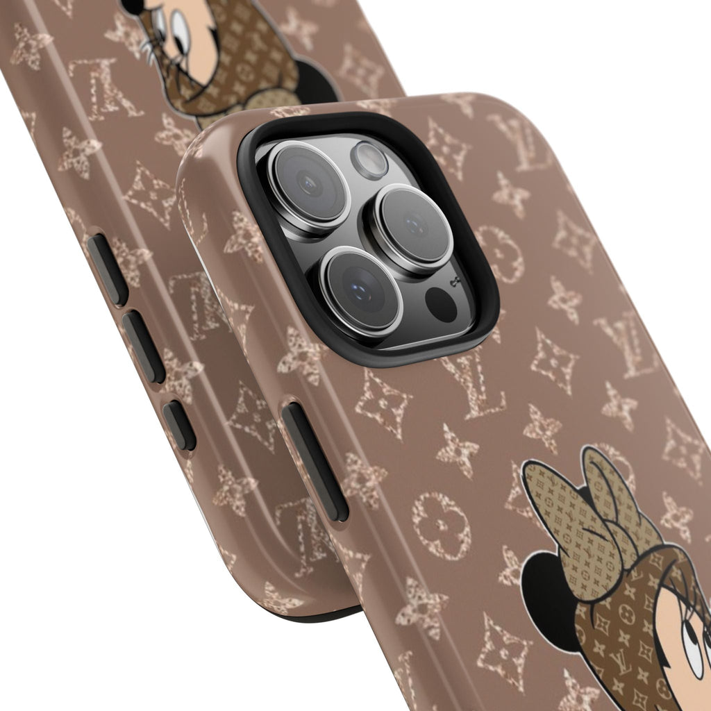 Brown LV Mickey phone case close-up, monogram pattern with camera lens cutout