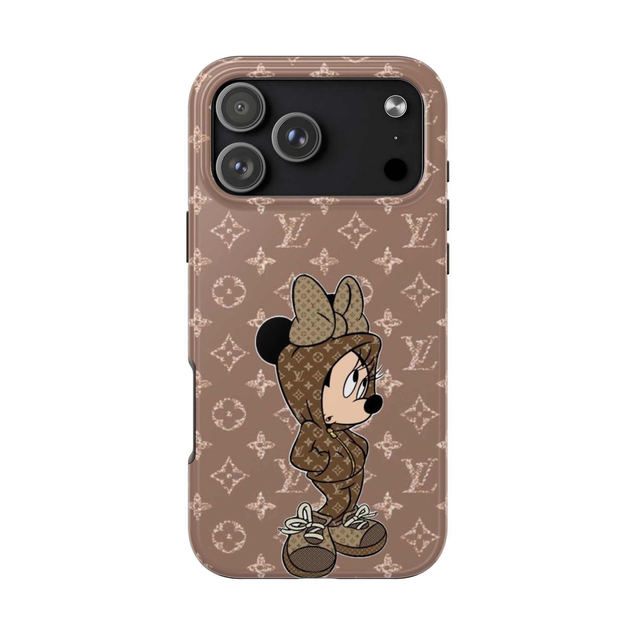 Brown LV Mickey phone case, monogram pattern with Mickey, camera cutouts