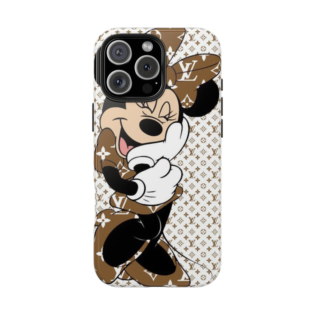 LV Minnie phone case, cream-and-brown cartoon, raised camera cutouts