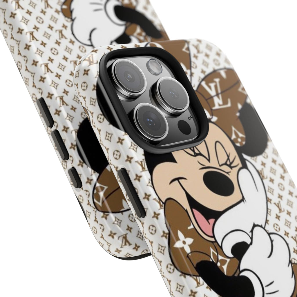 LV Minnie phone case close-up, cream-and-brown print with camera lens and side buttons