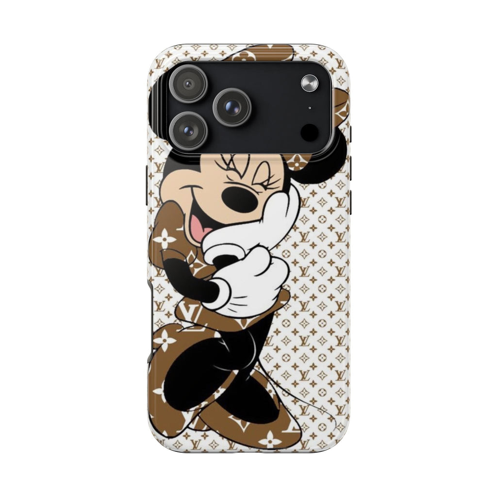 LV Minnie phone case back view, cream-and-brown monogram pattern with Minnie artwork