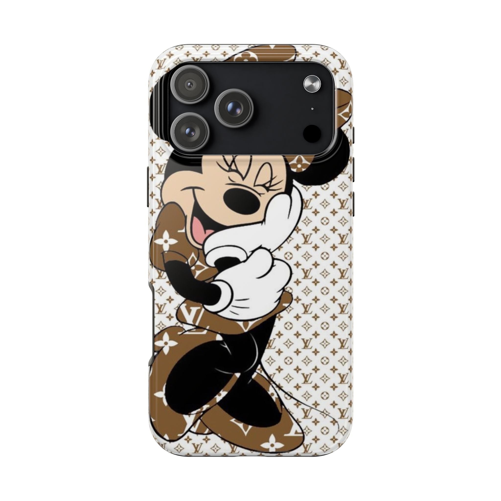 LV Minnie phone case back view, cream-and-brown monogram pattern with Minnie artwork