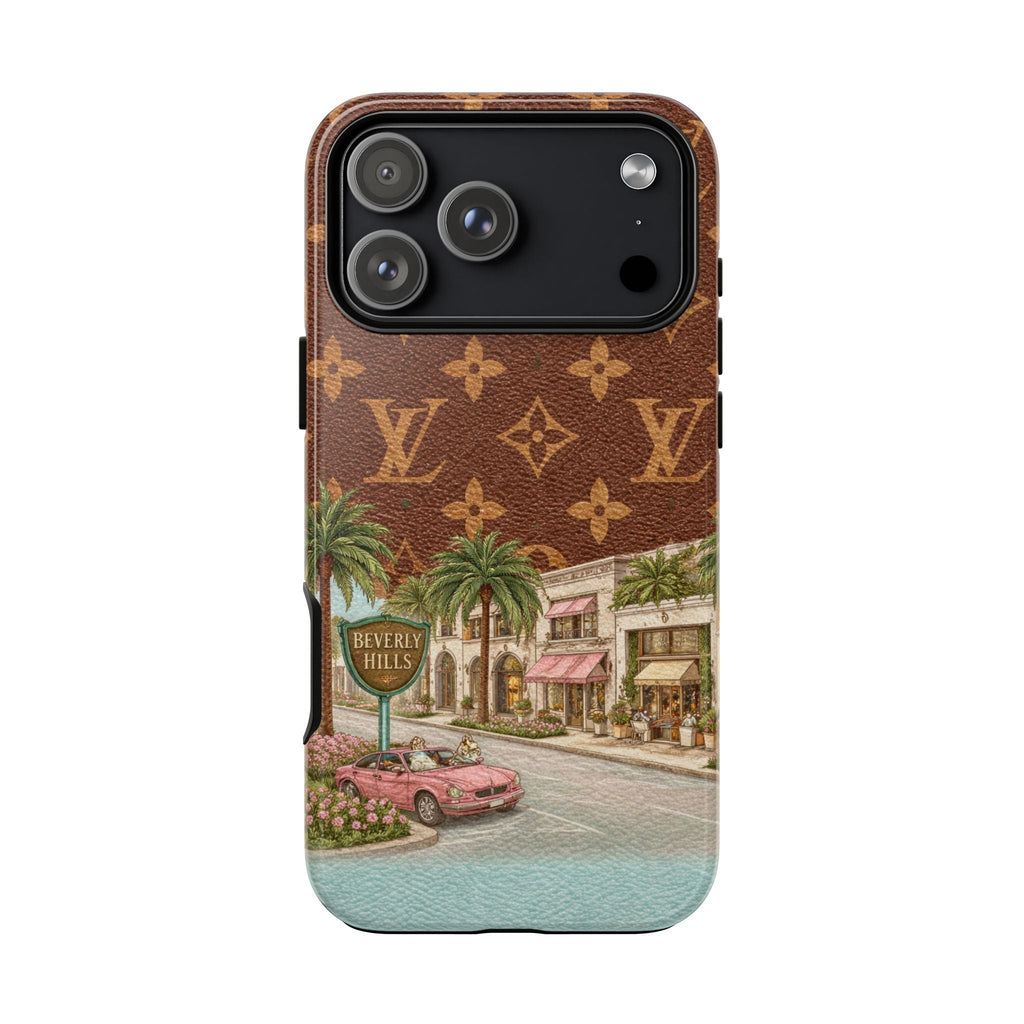 Brown LV monogram phone case with Beverly Hills illustration across the bottom