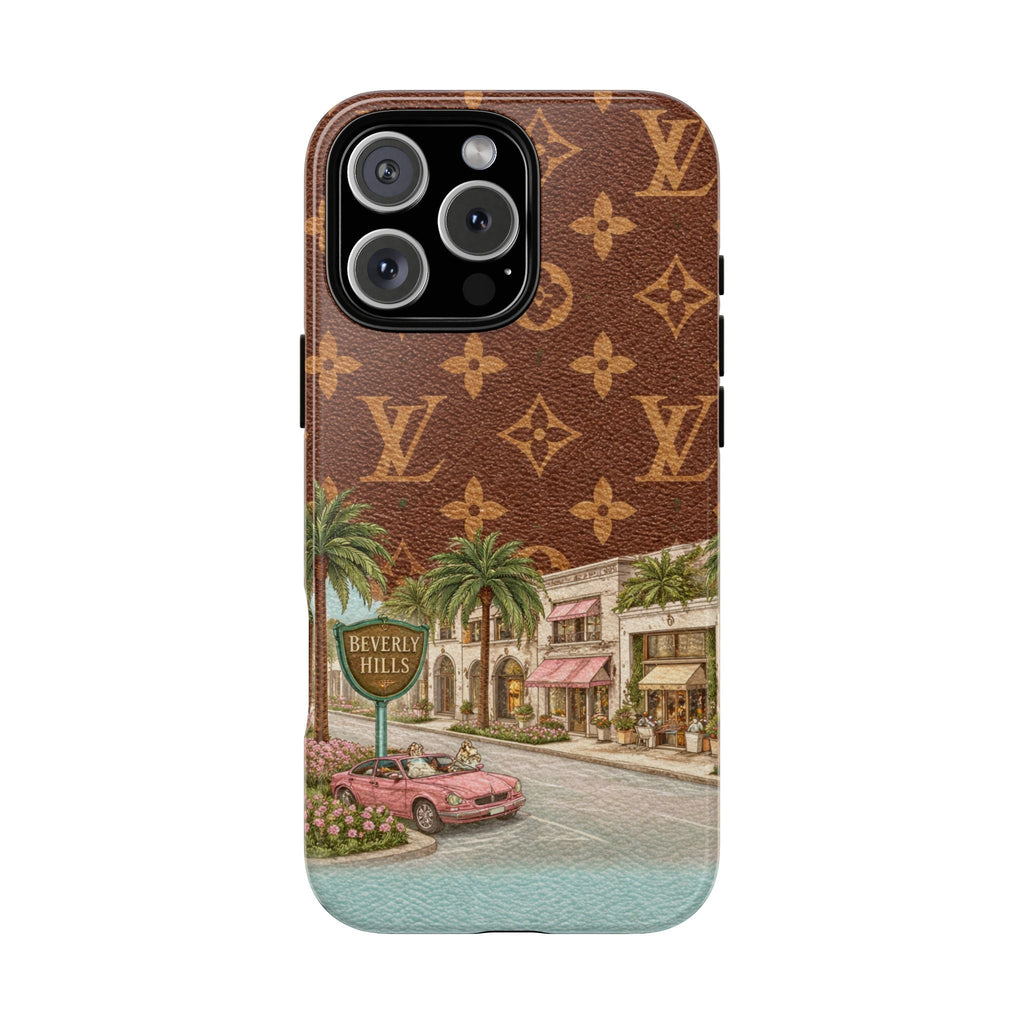 Brown phone case with LV monogram pattern and Beverly Hills scene artwork