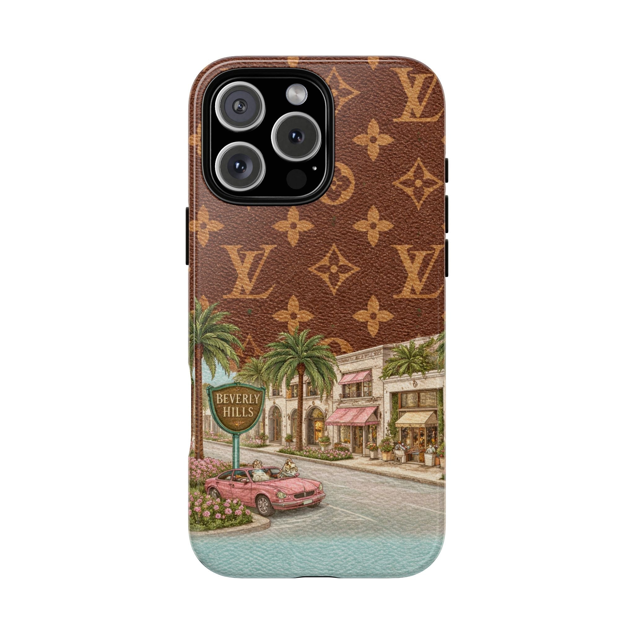 Brown phone case with LV monogram pattern and Beverly Hills scene artwork
