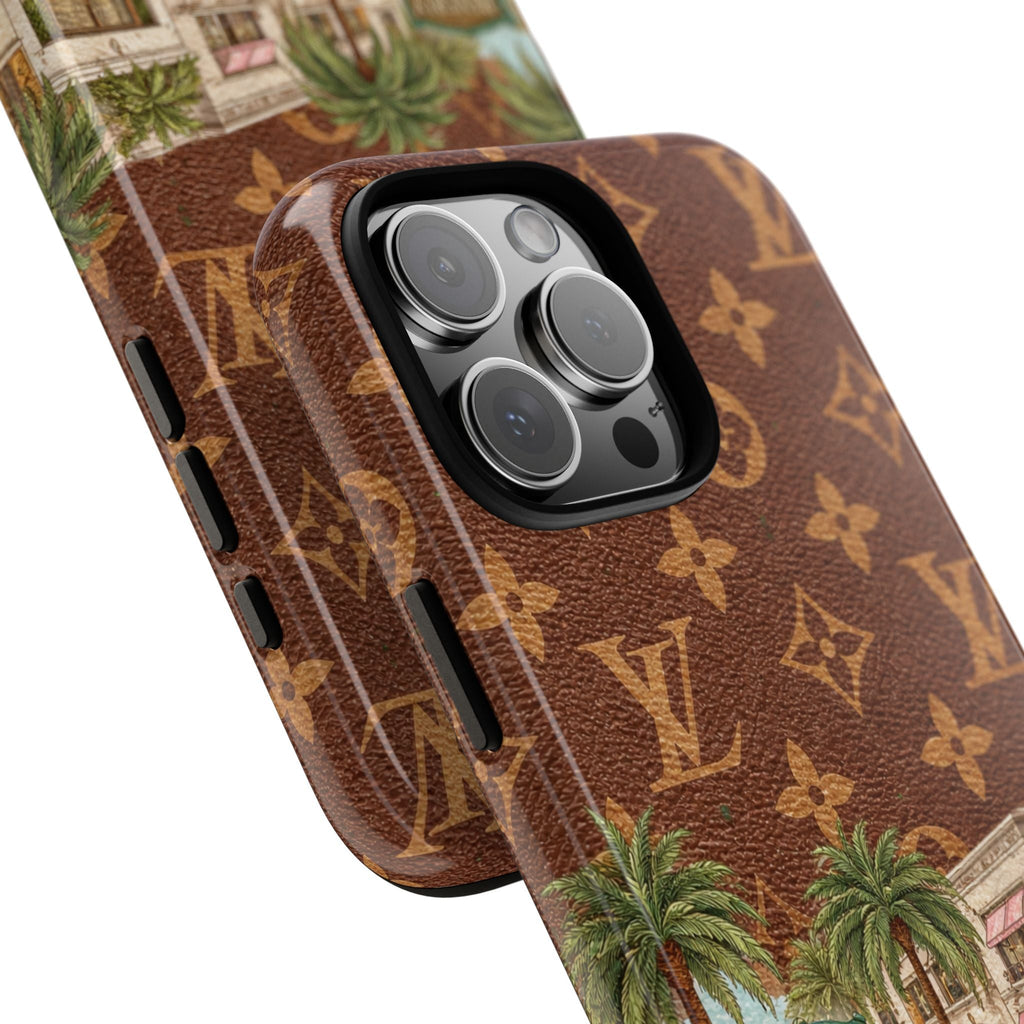 Brown LV monogram phone case, close-up showing camera cutout and side buttons