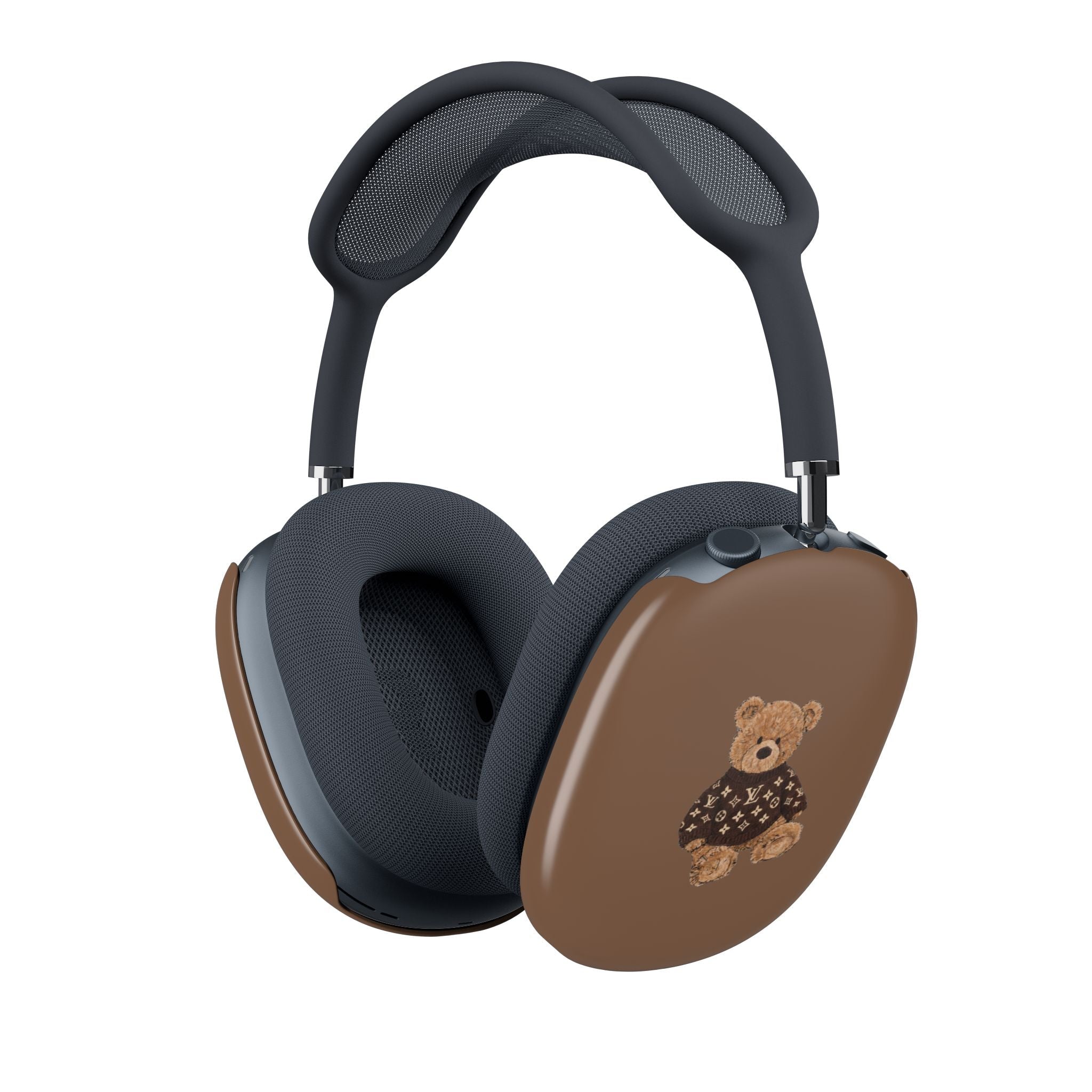 Brown AirPods Max case cover with teddy bear logo patch on ear cup