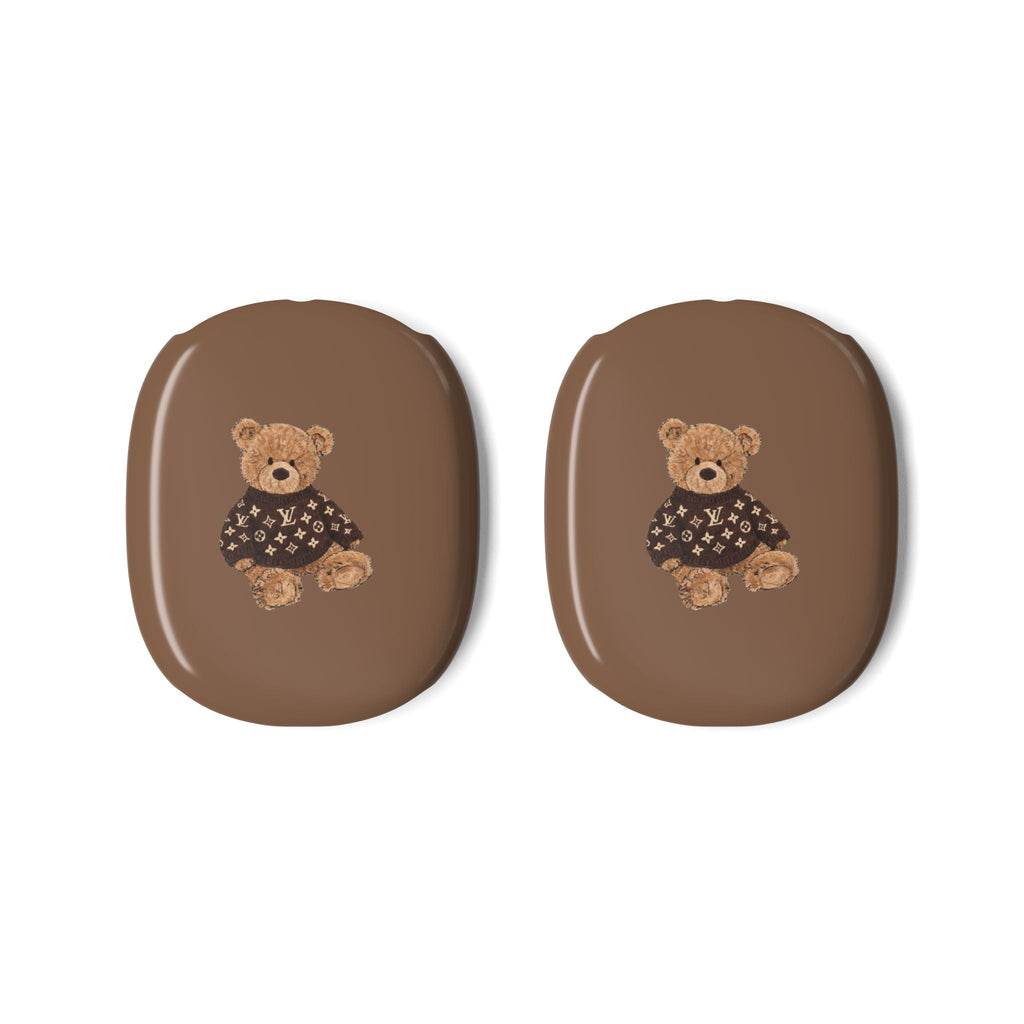 Pair of brown AirPods Max case covers with teddy bear logo patch