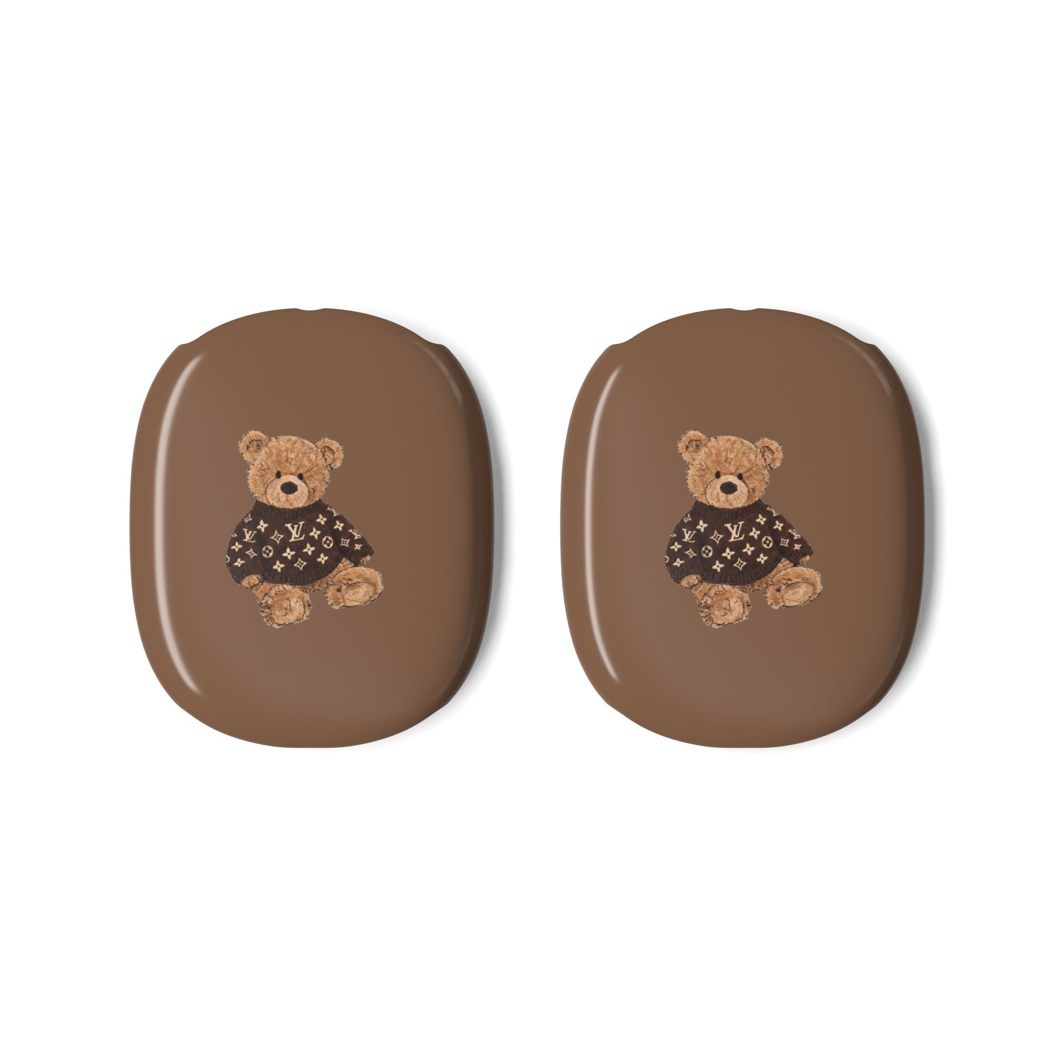 Pair of brown AirPods Max case covers with teddy bear logo patch