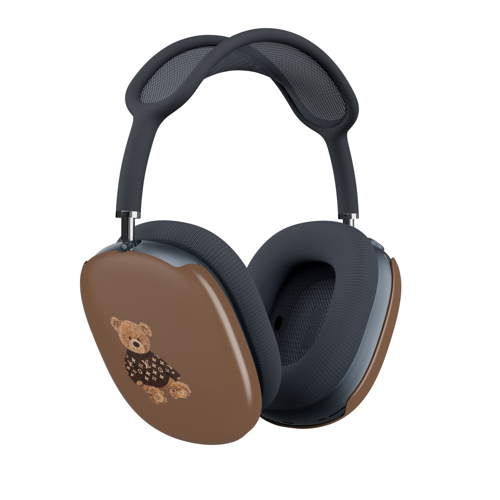 Brown AirPods Max case cover with teddy bear patch on ear cup