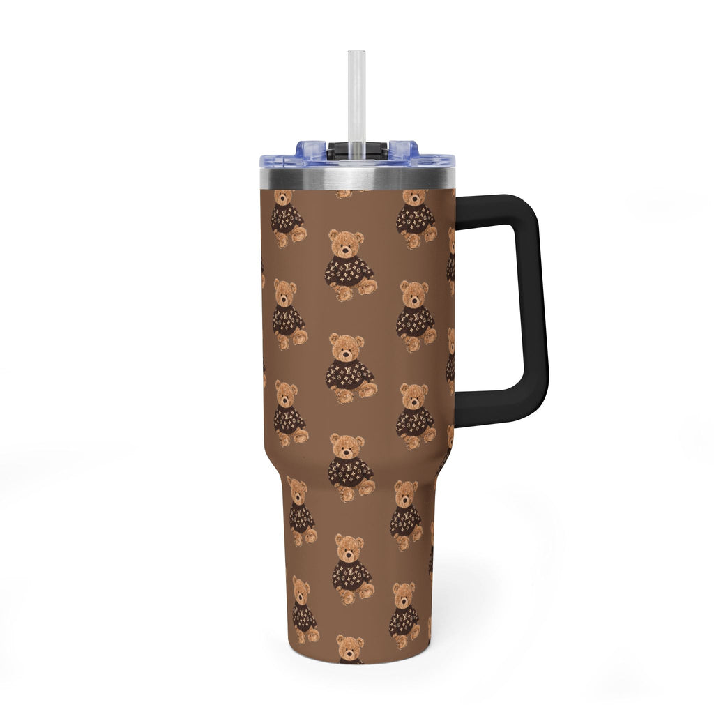 Brown 40 oz tumbler, teddy bear pattern, black handle, clear straw