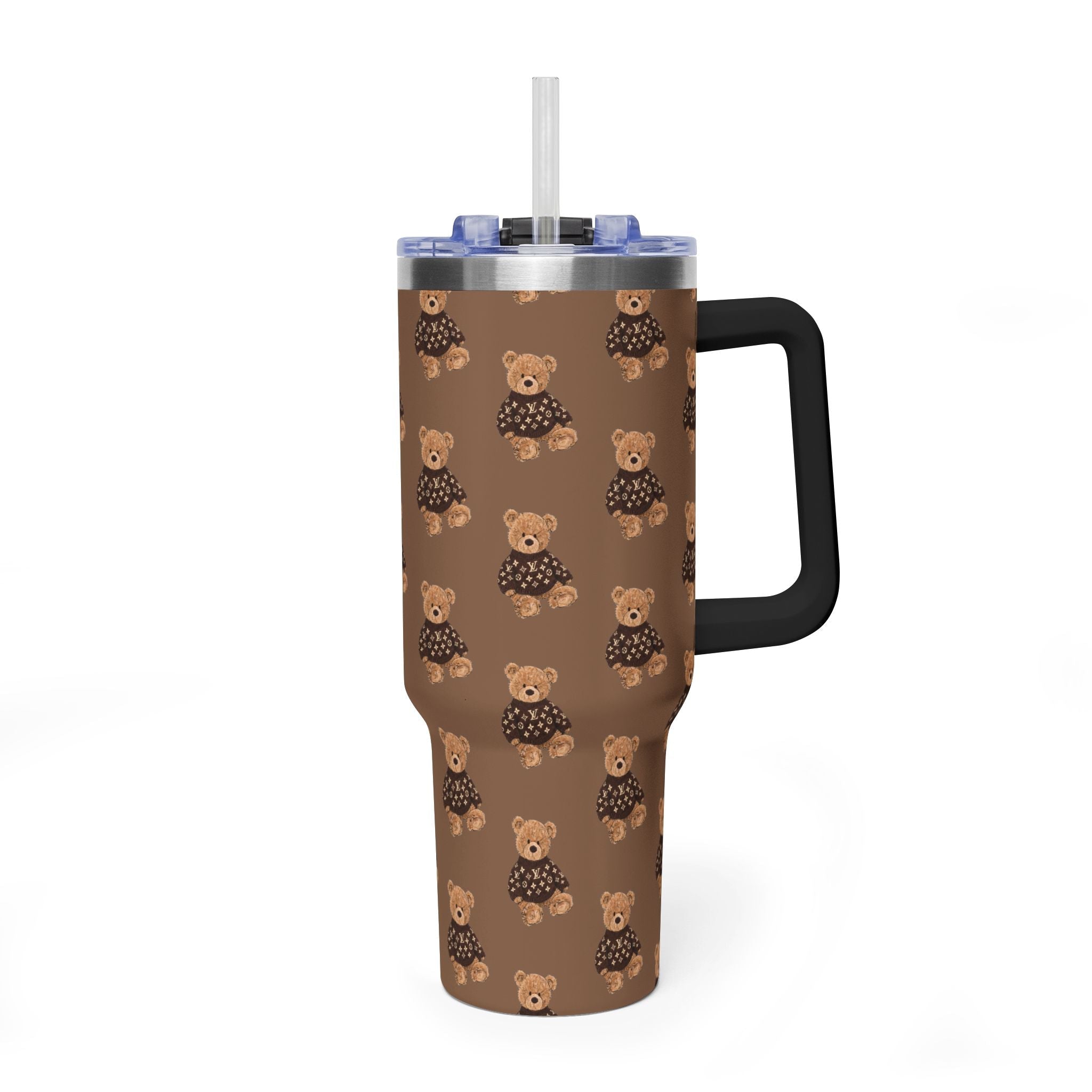 Brown 40 oz tumbler, teddy bear pattern, black handle, clear straw